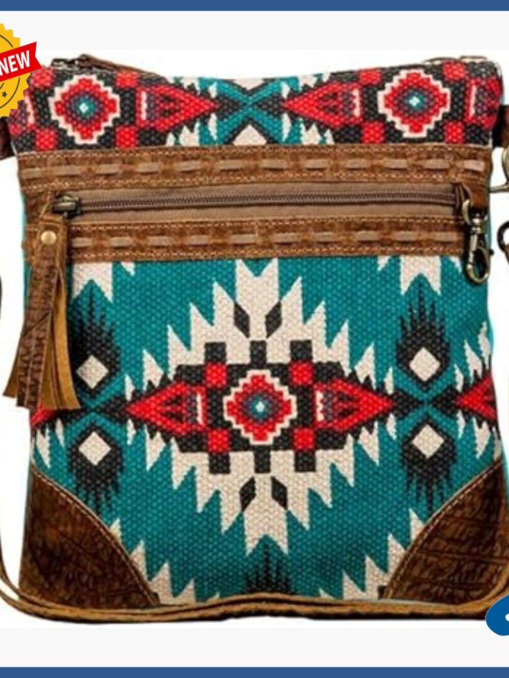 Canvas Crossbody Bag with Leather Accents, Aztec Tribal Pattern, Boho Style